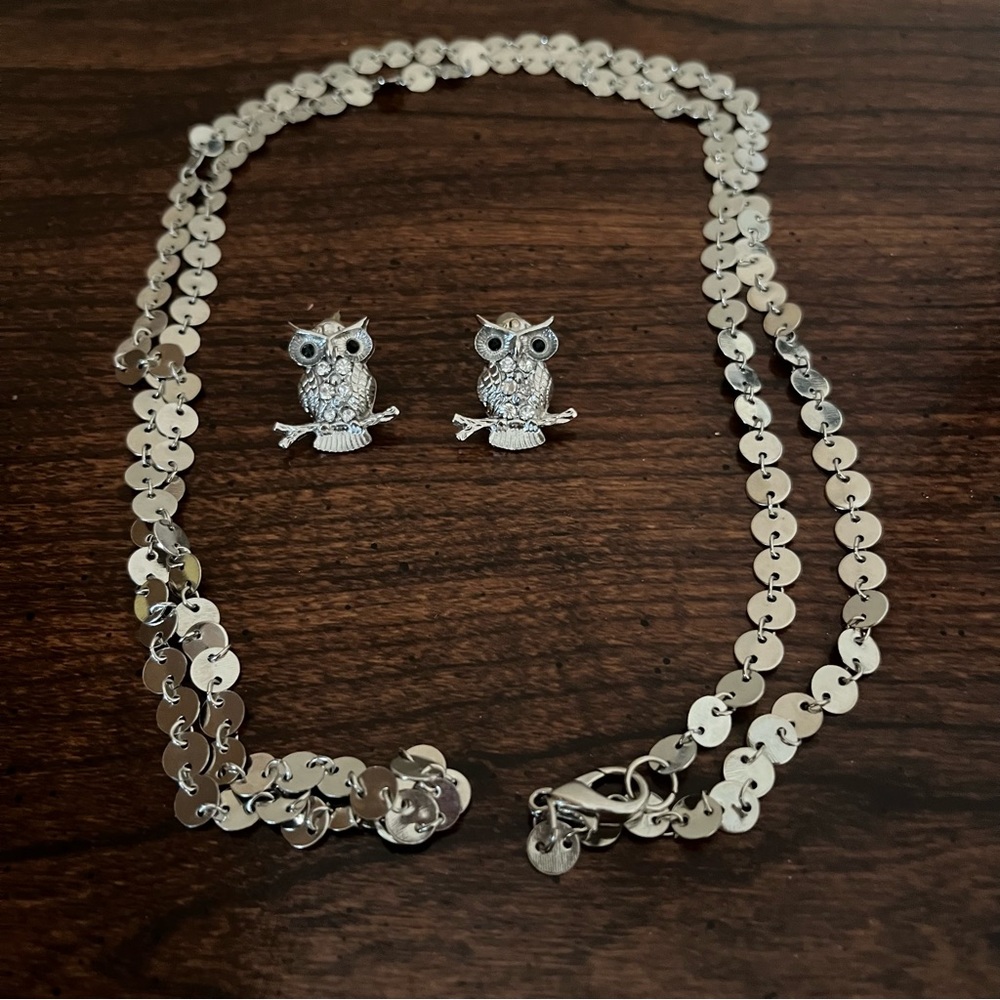 Silver owl earrings, long necklace set bundle